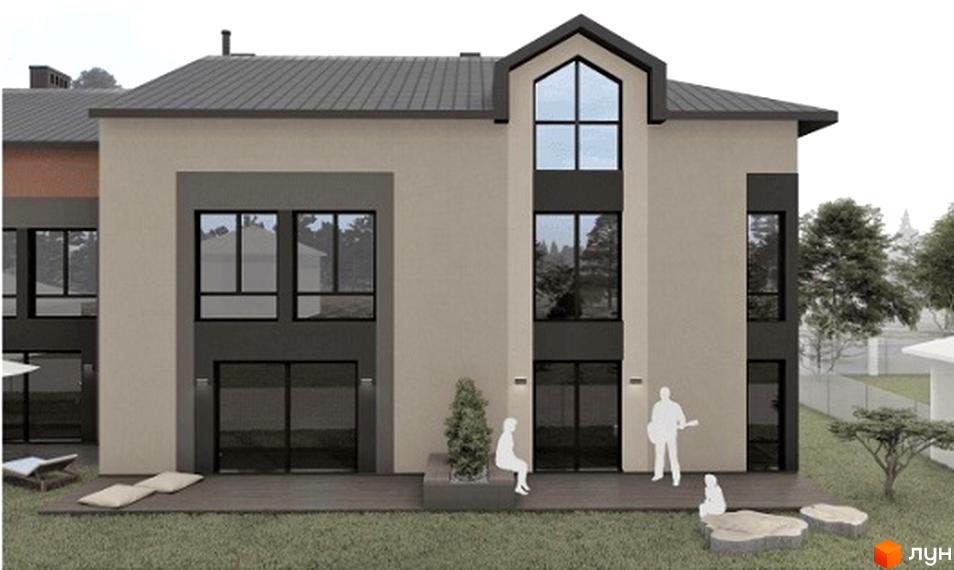 Зовнішній вигляд таунхаусів Hodillywood 12.0 з великими вікнами та терасою. Навколо будівель зелена зона з деревами та місцями для відпочинку.