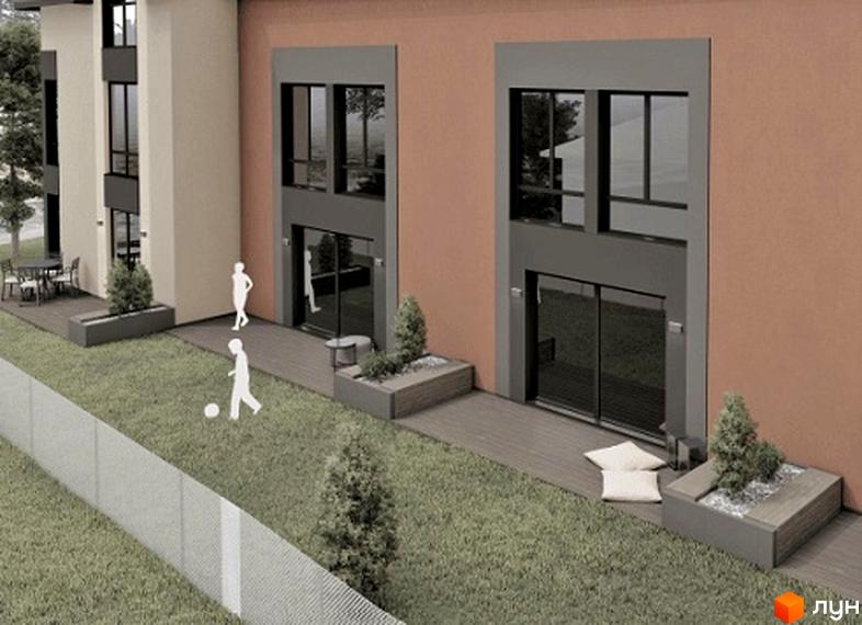 Таунхауси Hodillywood 12.0: двоповерхові будинки з великими вікнами та терасами, зелена галявина з дитячим майданчиком та зоною відпочинку.