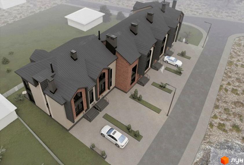 Таунхауси Hodillywood 12.0 – це сучасний житловий комплекс з цегляними фасадами та сірими дахами, розташований на доглянутій прибудинковій території з парковкою та зеленими насадженнями.