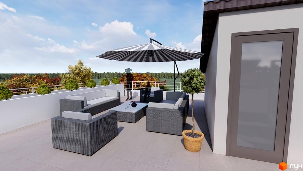 Відкрита тераса з плетеними меблями та парасолькою на даху будинку ЖК Hodillywood. Зелені насадження та вид на ліс.