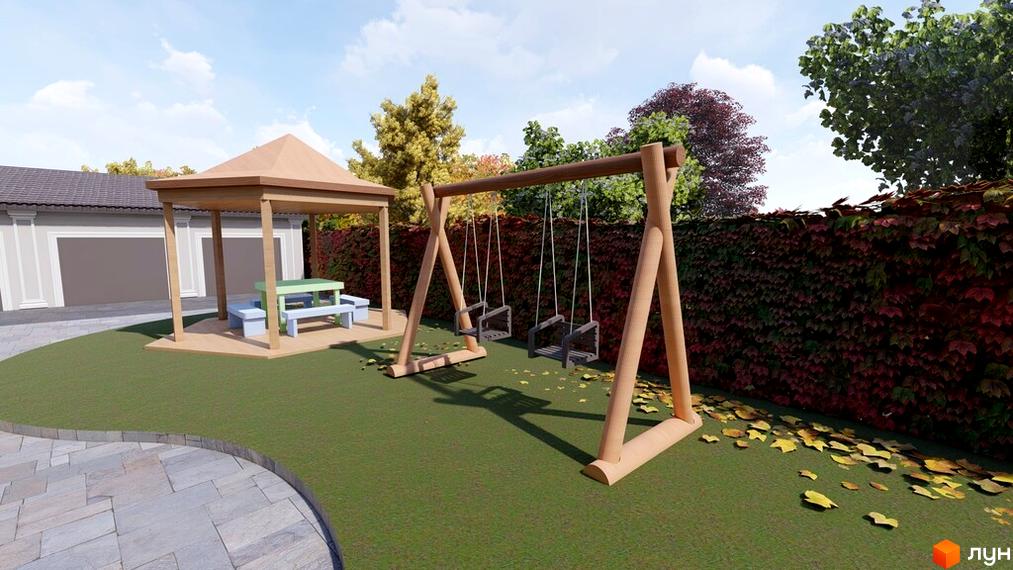 Житловий комплекс Hodillywood: дитячий майданчик із гойдалками та альтанка з лавками на тлі зеленого паркану та будинку.