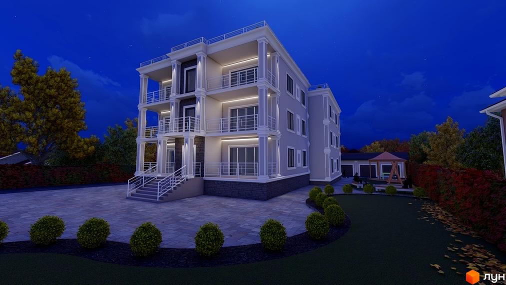 Зовнішній вигляд триповерхового будинку ЖК Hodillywood з балконами та колонами. Прибудинкова територія з доріжками, кущами та дитячим майданчиком.