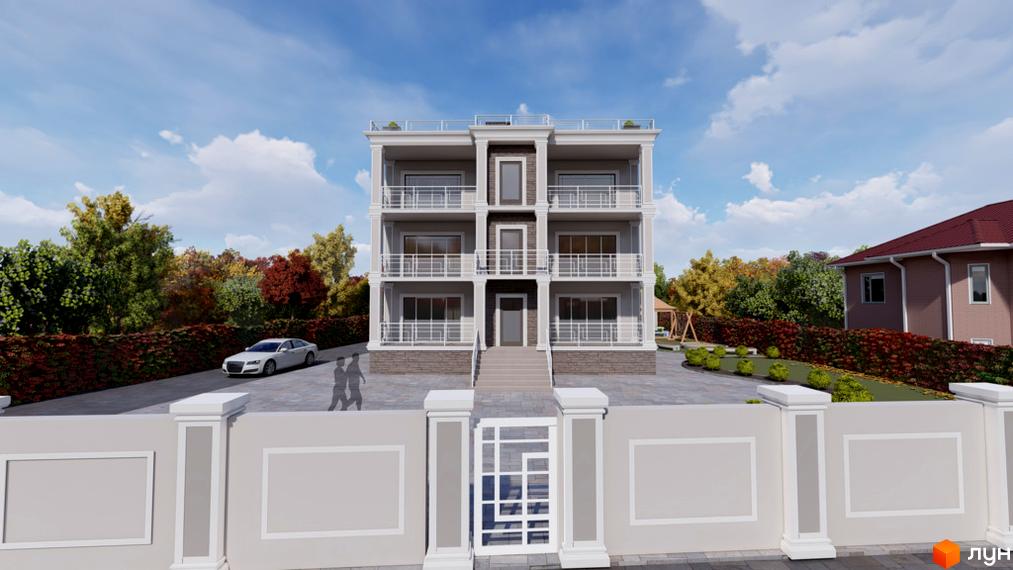 Житловий комплекс Hodillywood – триповерхова новобудова з балконами та колонами, розташована біля зеленого паркану та сусіднього будинку.