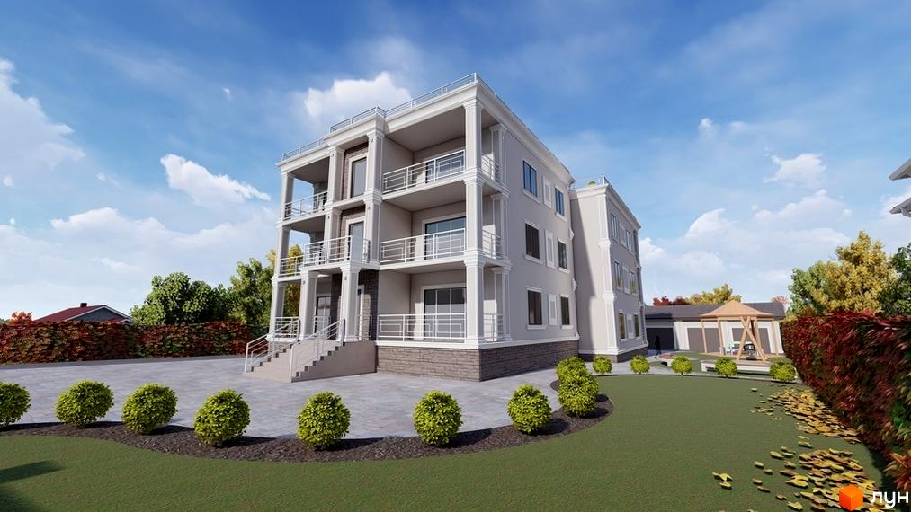 Житловий комплекс Hodillywood – триповерховий будинок з балконами та колонами. На прибудинковій території зелений газон, кущі та дитячий майданчик.