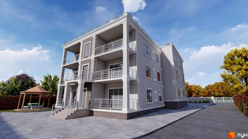 Новобудова ЖК Hodillywood з балконами та колонами, прибудинкова територія з альтанкою та бруківкою.