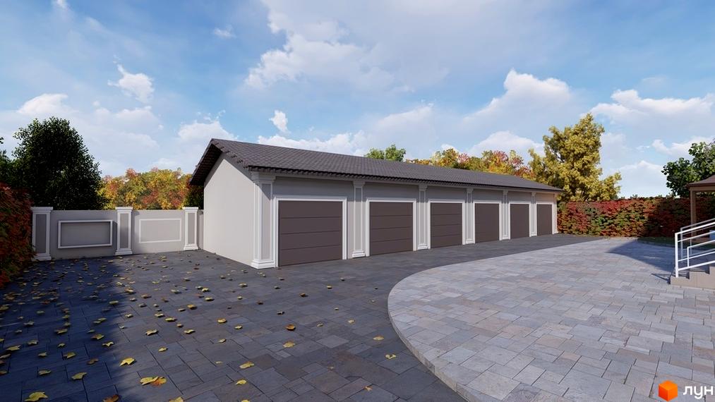 Зовнішній вигляд житлового комплексу Hodillywood з сірим фасадом та коричневими гаражними воротами. Прибудинкова територія з бруківкою та осіннім листям.