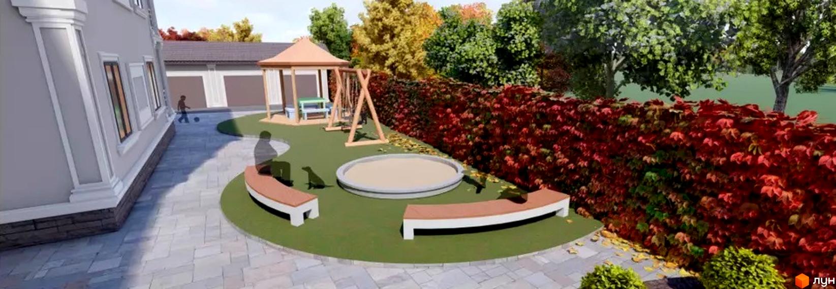 Житловий комплекс Hodillywood: елегантний фасад будівлі з колонами та великими вікнами, зелений двір з пісочницею, гойдалкою та лавками.