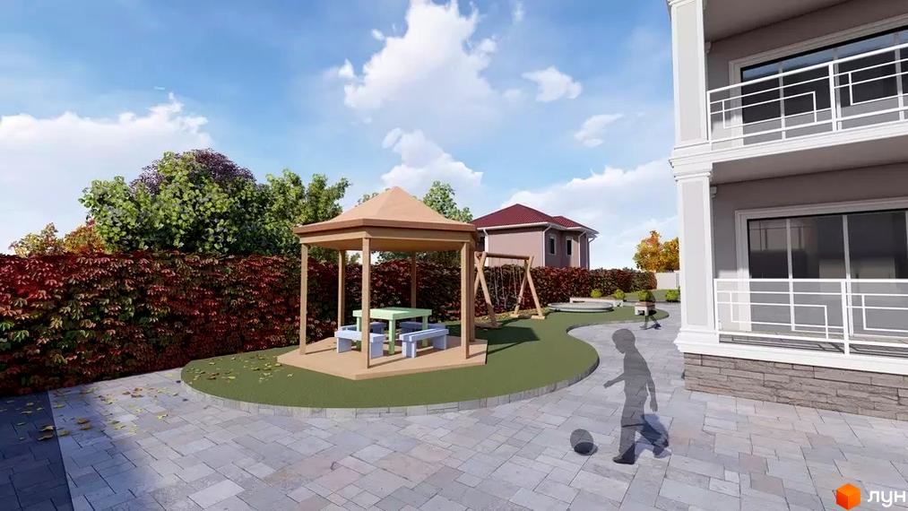 Житловий комплекс Hodillywood: двоповерховий будинок з балконами та прибудинкова територія з дитячим майданчиком, альтанкою та зеленою зоною.