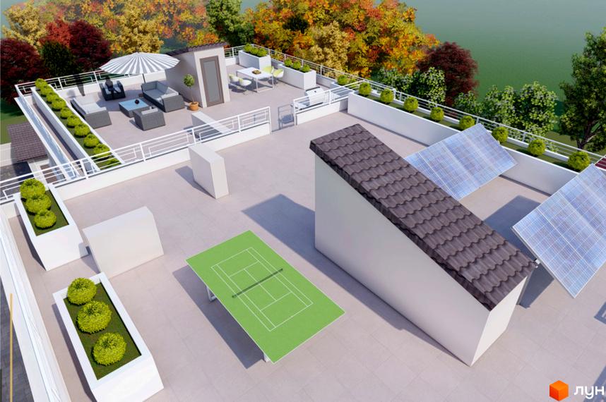 Тераса житлового комплексу Hodillywood з зонами відпочинку, зеленими насадженнями та сонячними панелями. Відкритий простір для дозвілля та релаксації.