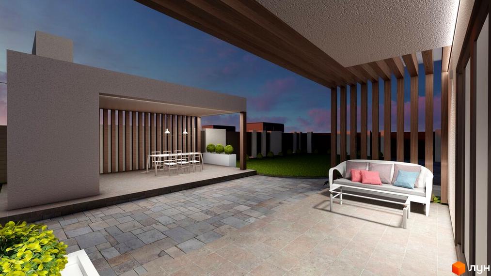 Зовнішній вигляд котеджного містечка КМ Hodillywood 1.0 з зоною відпочинку та обідньою зоною. Прибудинкова територія з газоном та вимощенням.