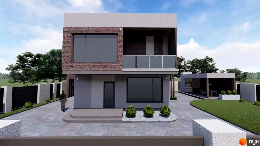 Котеджне містечко КМ Hodillywood 1.0: двоповерховий будинок з цегляним оздобленням та скляним балконом, прибудинкова територія з парканом та зеленими насадженнями.