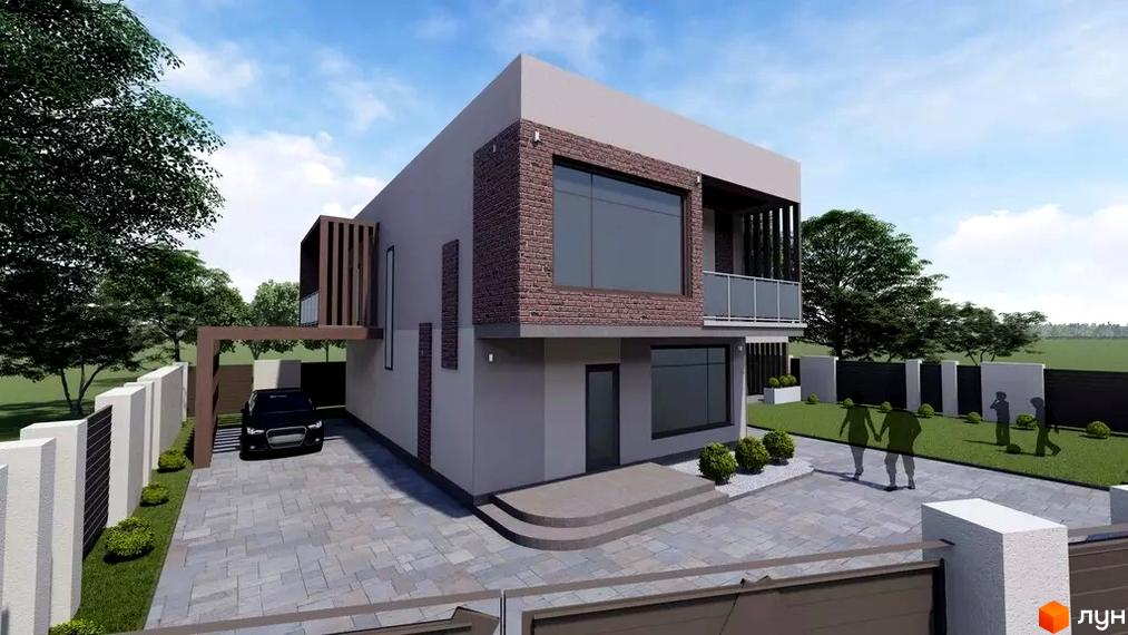 Котеджне містечко КМ Hodillywood 1.0: двоповерховий будинок з цегляним оздобленням фасаду, великими вікнами та балконом, на прибудинковій території розташовані парковка та зелені насадження.