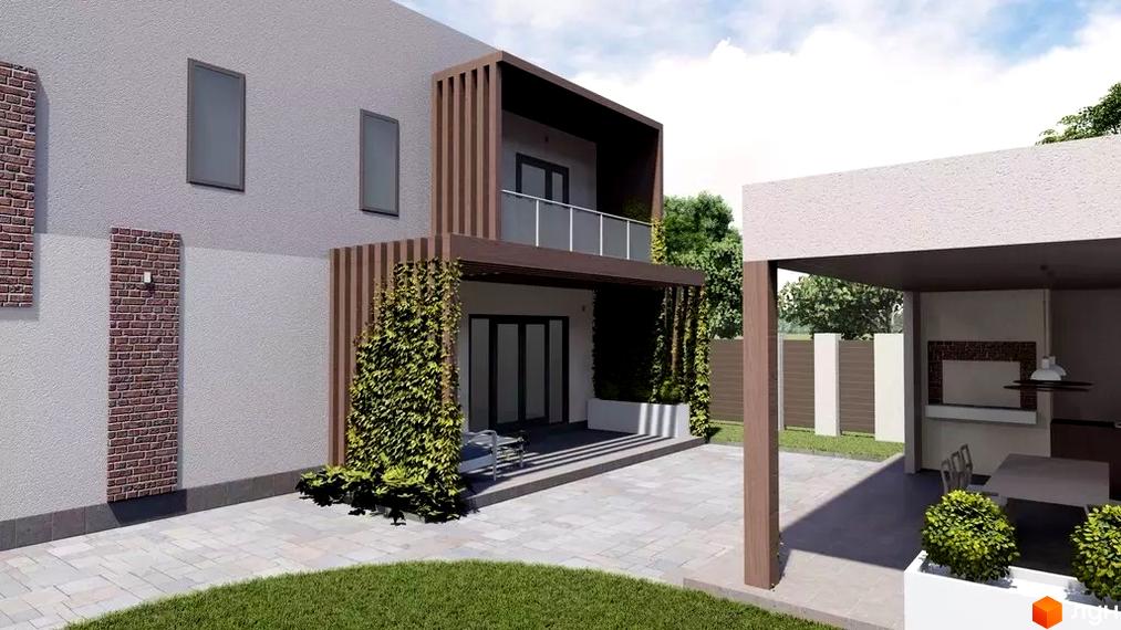 Котеджне містечко Hodillywood 1.0 з терасою та барбекю зоною. Зовнішній вигляд будинку з цегляними елементами та зеленню.