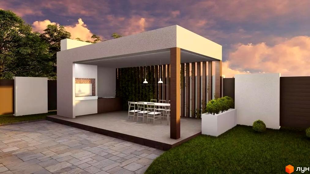 Сучасна зона барбекю та обідня зона під навісом у житловому комплексі КМ Hodillywood 1.0. Прибудинкова територія з газоном та декоративними рослинами.