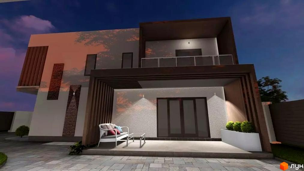 Котеджний комплекс КМ Hodillywood 1.0. Фасад двоповерхового будинку з терасою та балконом, вимощена плиткою прибудинкова територія з лаунж зоною.