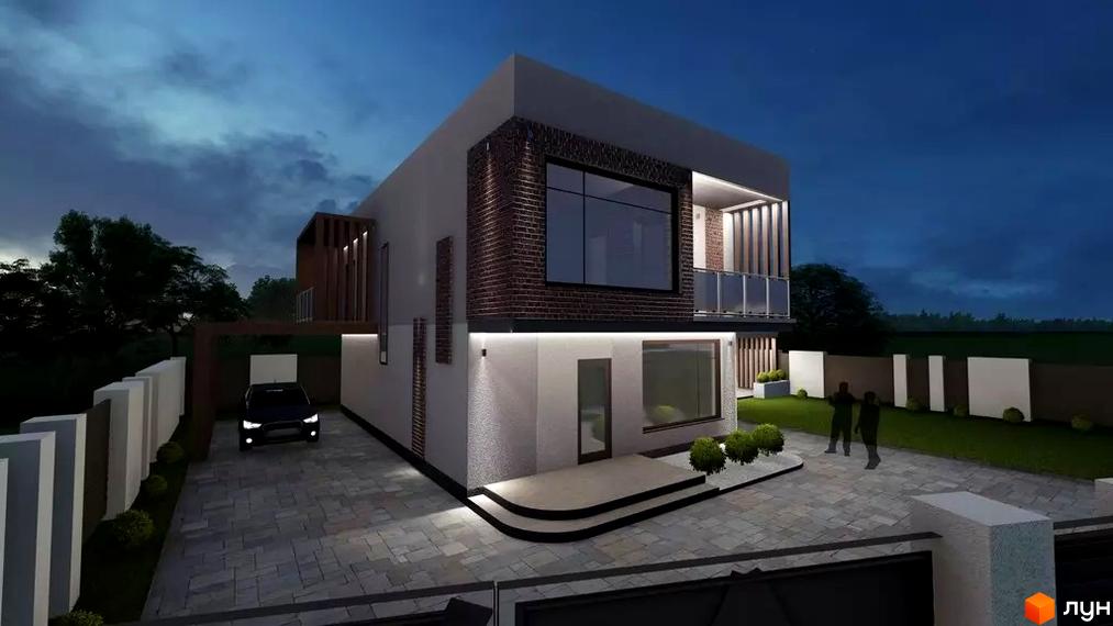 Котеджне містечко Hodillywood 1.0: двоповерховий будинок з цегляним оздобленням та великими вікнами, прибудинкова територія з доглянутим газоном та паркуванням.