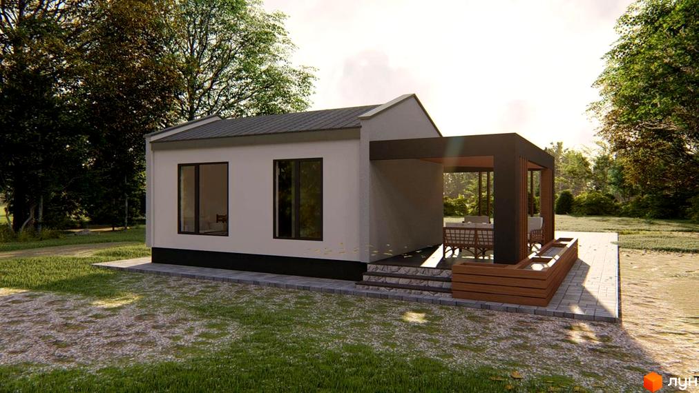 Котеджне містечко КМ HAUSPLUSLAND Залісся: одноповерховий будинок з терасою та зоною відпочинку на прибудинковій території.