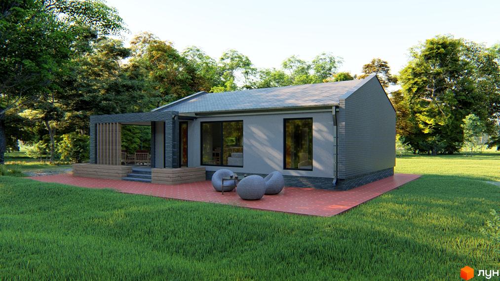 Котеджне містечко КМ HAUSPLUSLAND Залісся: одноповерховий будинок з сірим фасадом та великими вікнами, розташований на зеленій ділянці з терасою та вуличними меблями.