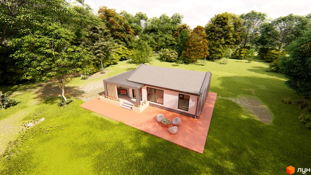 Котеджне містечко HAUSPLUSLAND Залісся: одноповерховий будинок з терасою та зоною відпочинку на цегляному подвір'ї, оточений зеленою галявиною та деревами.