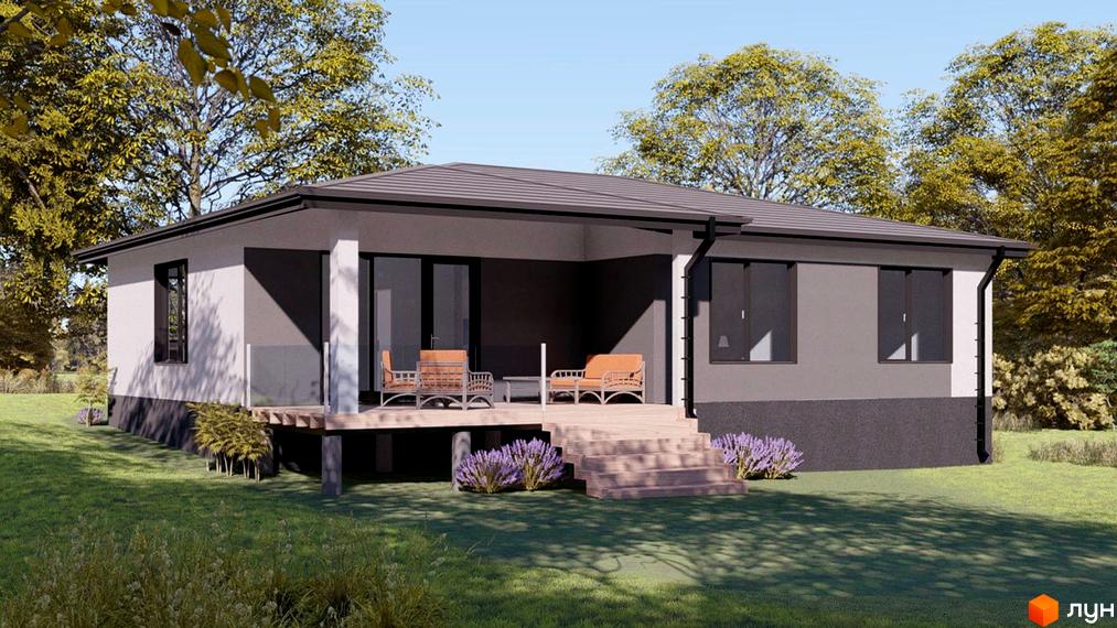 Котеджне містечко KM HAUSPLUSLAND Залісся: одноповерховий будинок з терасою та меблями на відкритому повітрі, оточений зеленим газоном та деревами.