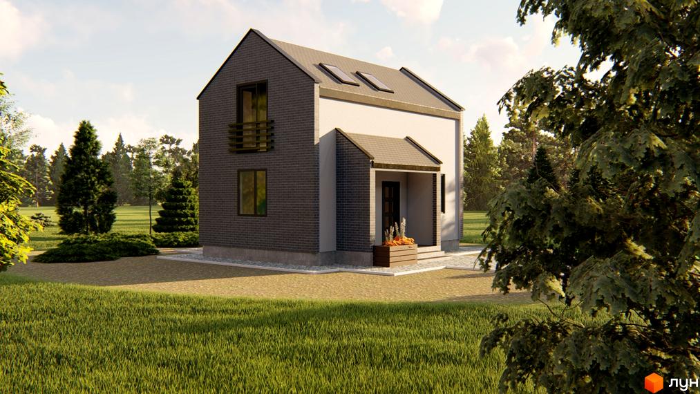 Котеджне містечко КМ HAUSPLUSLAND Залісся. Двоповерховий будинок з сірою цегляною обробкою та білими стінами, розташований на зеленій ділянці з деревами.