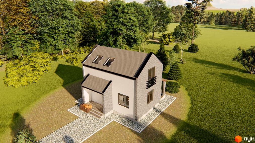 Котеджне містечко КМ HAUSPLUSLAND Залісся: двоповерховий будинок з сірою цегляною обробкою та двосхилим дахом, розташований на зеленій ділянці з деревами та кам'яною доріжкою.