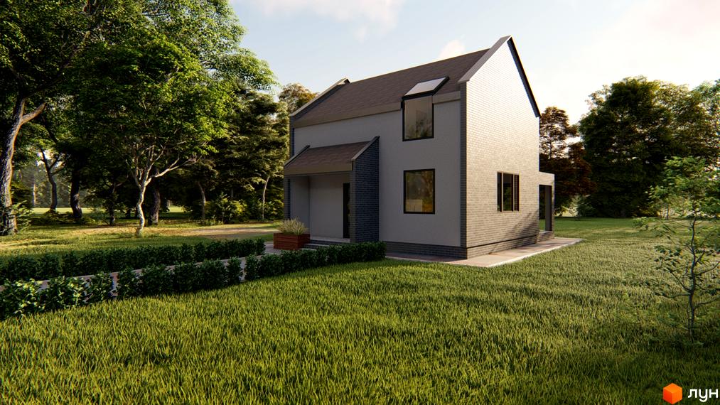 Котеджне містечко HAUSPLUSLAND Залісся: двоповерховий будинок з сірою цегляною обробкою та темним дахом, оточений зеленою галявиною та деревами.