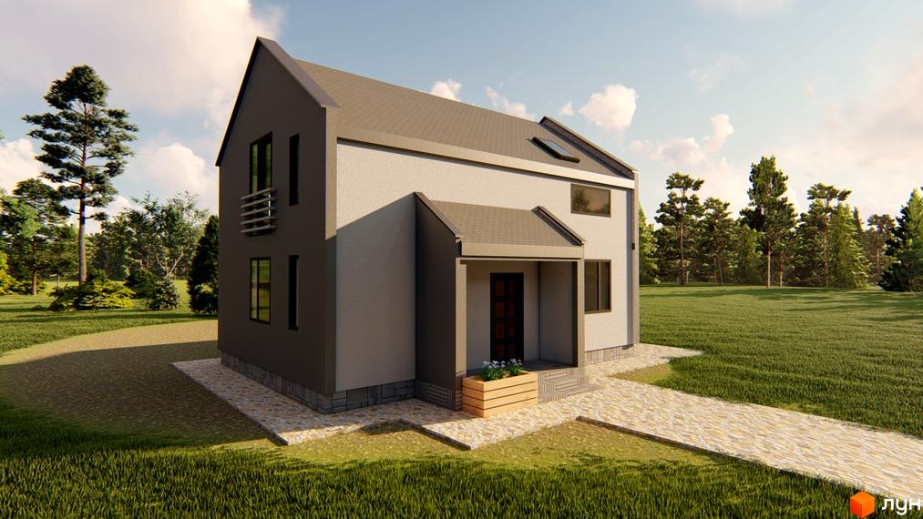 Котеджне містечко HAUSPLUSLAND Залісся: двоповерховий будинок з сірою та білою обробкою фасаду, розташований на зеленій галявині з доріжкою до входу.