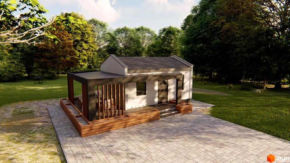 Котеджне містечко КМ HAUSPLUSLAND Дерев'янки: одноповерховий будинок з навісом та терасою, оточений зеленню та вимощеною плиткою територією.