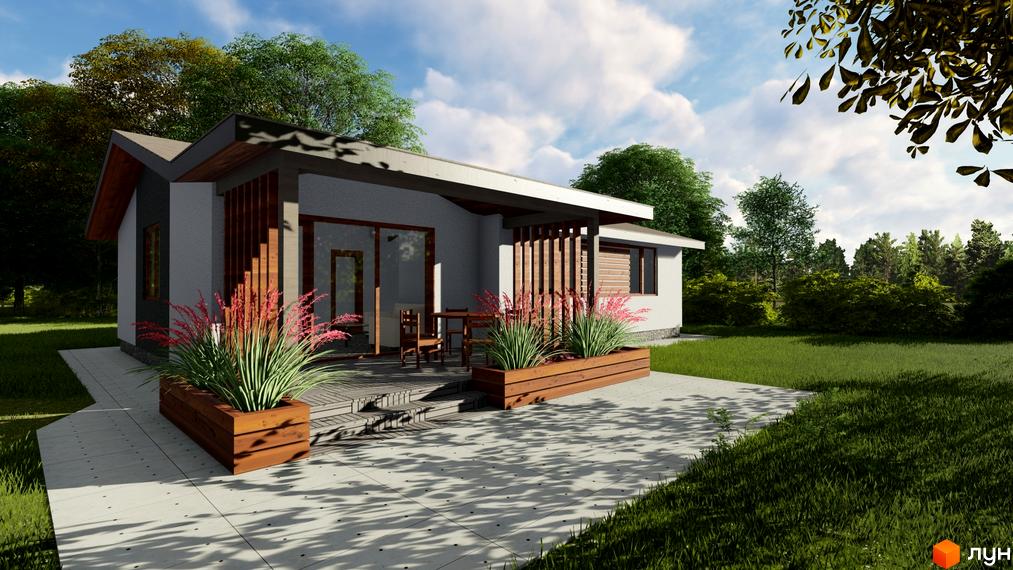 КМ HAUSPLUSLAND Дерев'янки: одноповерховий будинок з терасою та дерев'яними елементами на фоні зеленого подвір'я та дерев.