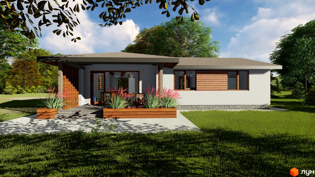 Котеджне містечко КМ HAUSPLUSLAND Дерев'янки: одноповерховий будинок з терасою та зеленим подвір'ям. Зовнішній вигляд будинку з великими вікнами та дерев'яними елементами.