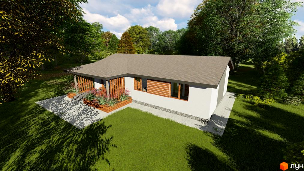 Котеджне містечко КМ HAUSPLUSLAND у Дерев'янках. Зовнішній вигляд будинку з дерев'яним оздобленням та прибудинковою територією з газоном та деревами.