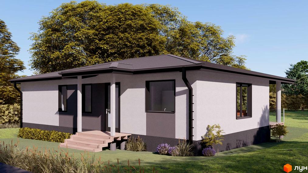 Котеджне містечко КМ HAUSPLUSLAND в Дерев'янках: одноповерховий будинок з сірим дахом та біло-сірими стінами, розташований на зеленій ділянці з деревами та кущами.