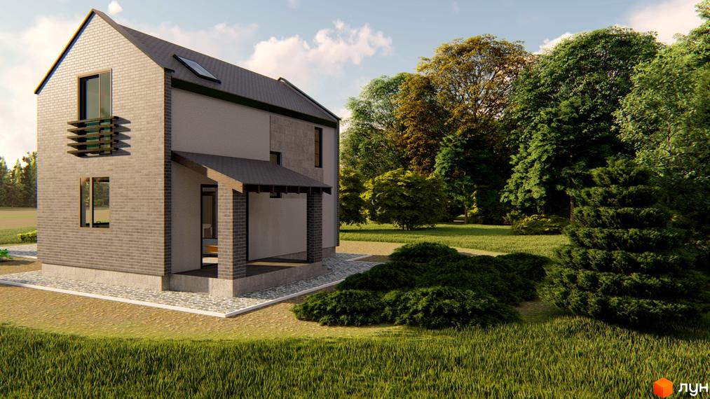 Котеджне містечко КМ HAUSPLUSLAND Дерев'янки: двоповерховий будинок з цегляним фасадом та зеленою прибудинковою територією.