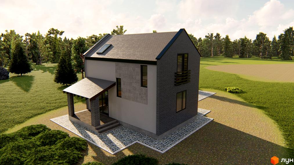 Котеджне містечко КМ HAUSPLUSLAND Дерев'янки: двоповерховий будинок з сірої цегли та світлої штукатурки, покрівлею з черепиці та ганком. Навколо будинку зелена галявина та дерева.