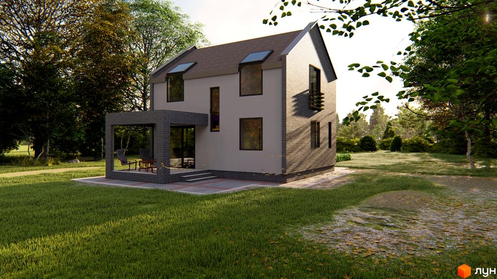 Котеджне містечко HAUSPLUSLAND Дерев'янки: двоповерховий будинок з цегляним оздобленням та прибудинковою територією з газоном та деревами.