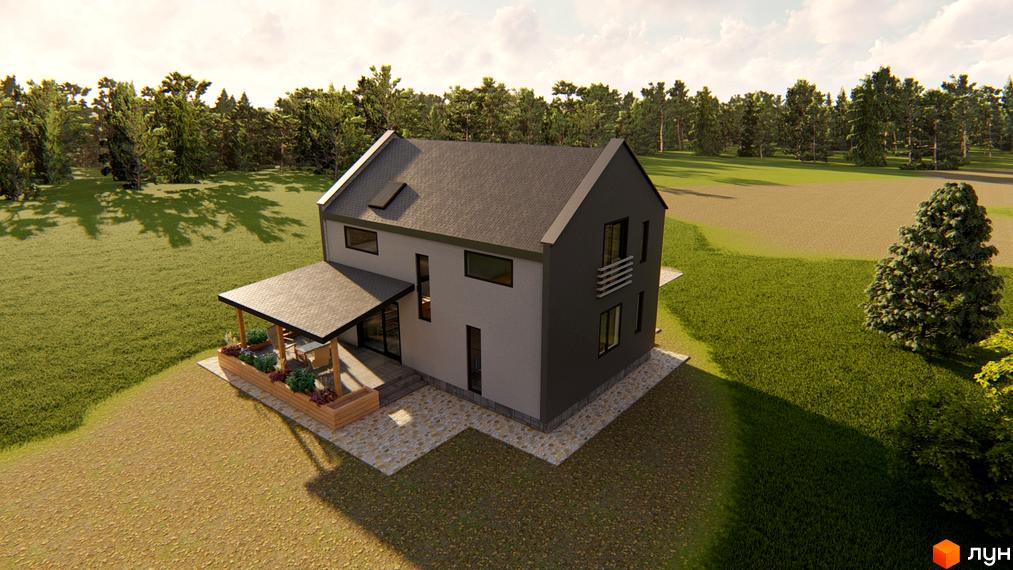 Котеджне містечко КМ HAUSPLUSLAND Дерев'янки: двоповерховий будинок з сірою та білою обшивкою, навісом та зеленою прибудинковою територією.