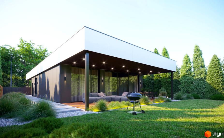 Котеджне містечко Затишний: одноповерховий будинок з терасою та зоною барбекю на зеленій ділянці. Сучасна архітектура та облаштована прибудинкова територія.