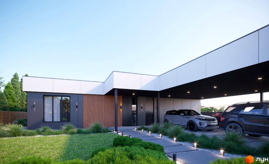 Котеджне містечко КМ Затишний. Фасад будинку з панорамними вікнами та дерев'яними елементами, прибудинкова територія з доріжками та зеленими насадженнями.