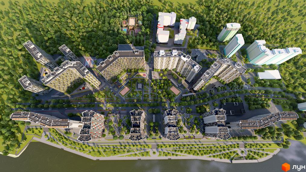 Аерофото житлового комплексу на вул. Євгена Маланюка, 101 з багатоповерховими будинками, зеленими зонами, майданчиками та набережною.