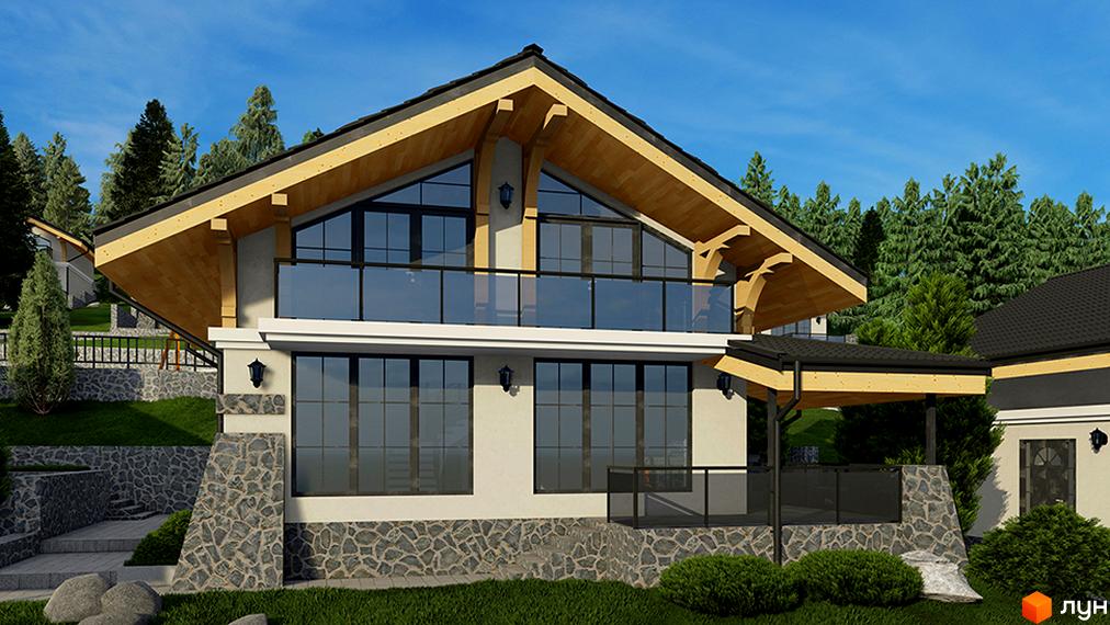 Котеджне містечко KM ECO BERGHOUSE: двоповерховий будинок з панорамними вікнами, дерев'яними балками та кам'яним цоколем на тлі зелених насаджень.