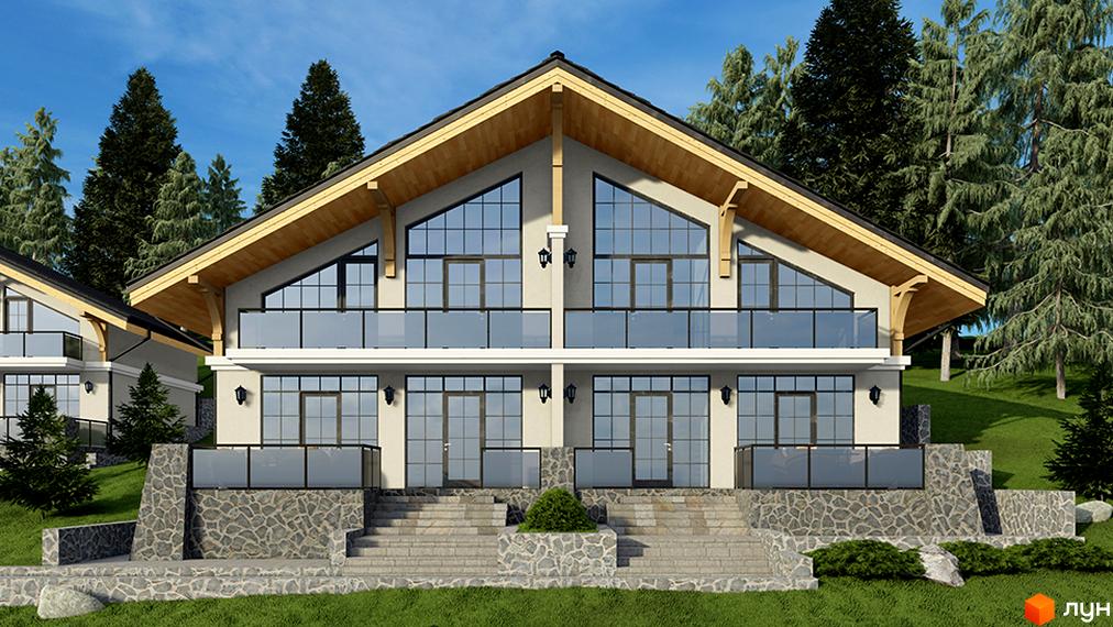 Котеджне містечко КМ ECO BERGHOUSE: двоповерхові будинки з великими вікнами та балконами, оточені соснами. Територія комплексу вкрита травою та кам'яними сходами.