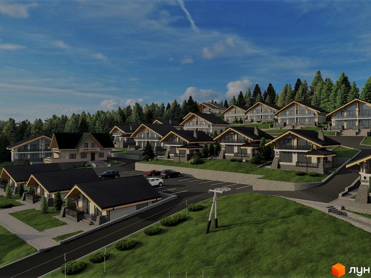 Котеджне містечко КМ ECO BERGHOUSE. Архітектура будинків у стилі шале з великими вікнами та терасами на тлі лісу, упорядкована прибудинкова територія з парковкою.