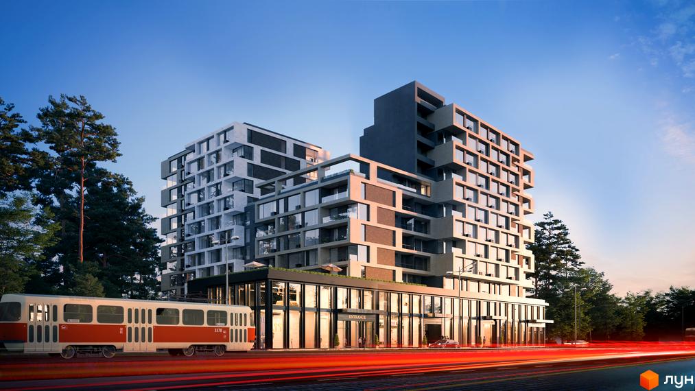 Зображення фасаду та прибудинкової території Житлового комплексу PUSHA HOUSE. На передньому плані трамвай.