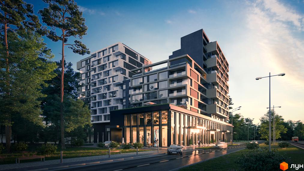 Новобудова PUSHA HOUSE: багатоповерховий будинок з великими вікнами та балконами, комерційним поверхом. Навколо зелені насадження та дорога.