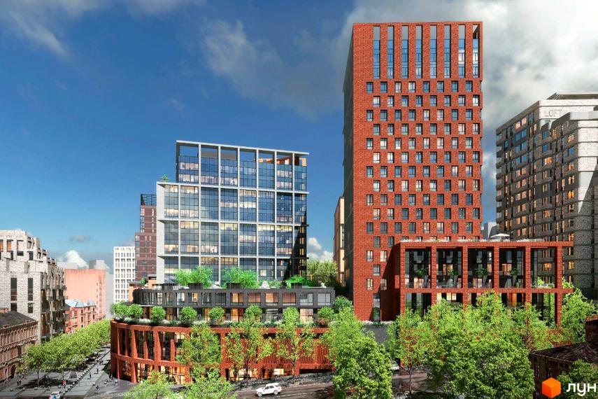 Будівельний проєкт Ermolaev Center II з цегляними та скляними фасадами, зеленою прибудинковою територією та міським пейзажем.