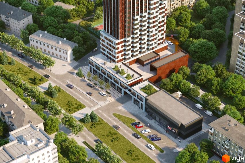 Візуалізація ЖК Космос з висоти пташиного польоту. На зображенні видно багатоповерховий будинок з біло-коричневим фасадом, прибудинкову територію з деревами та дорогою.