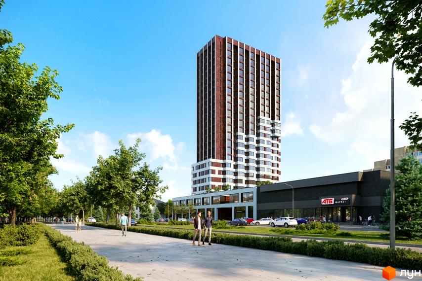 Новобудова ЖК Космос з червоно-білим фасадом та прибудинковою територією з деревами та пішохідною зоною.