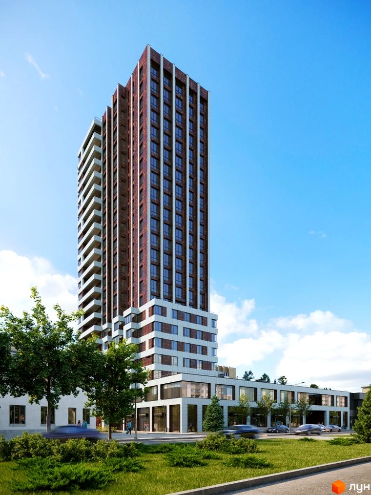 Житловий комплекс Космос – це висотна будівля з цегляним фасадом та білими балконами, що розташована на фоні блакитного неба. На першому поверсі комплексу знаходяться комерційні приміщення з великими вікнами.