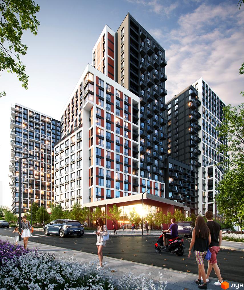 Житловий комплекс Vernadsky з білими та темно-сірими фасадами, червоними акцентами та балконами. Навколо зелені дерева та доглянута прибудинкова територія з пішохідними доріжками та місцями для відпочинку.